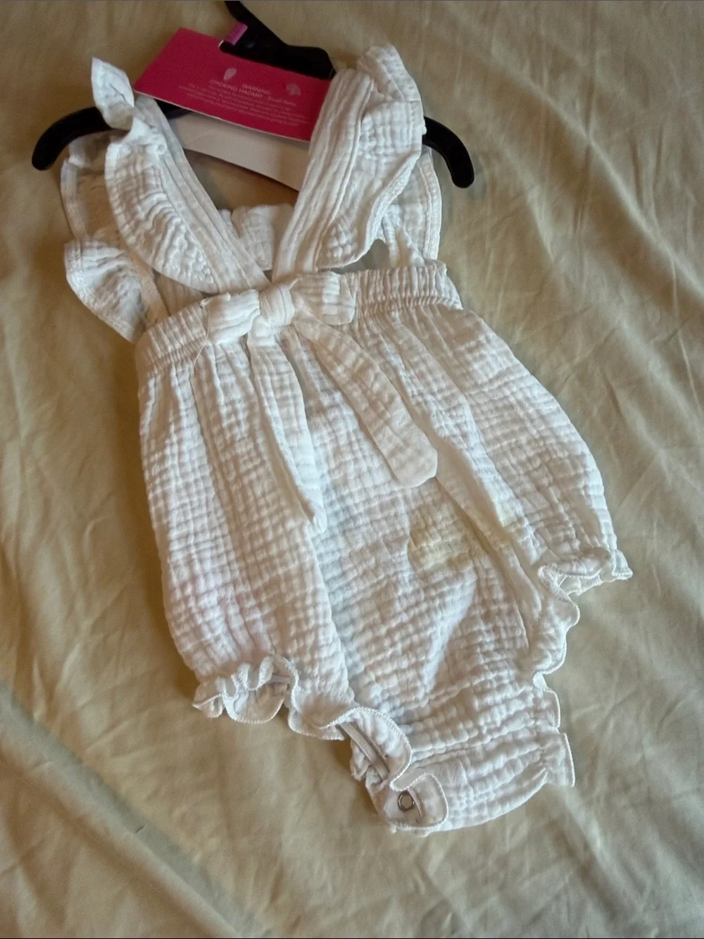 Isaac Mizrahi White Cotton Gauze Baby Romper with Pom Trim